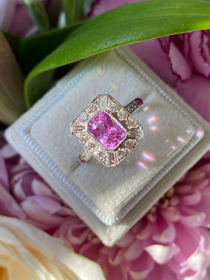 1 Carat Emerald Cut Pink Sapphire and Diamond Art Deco Engagement Ring in Platinum Katherine James Jewellery 