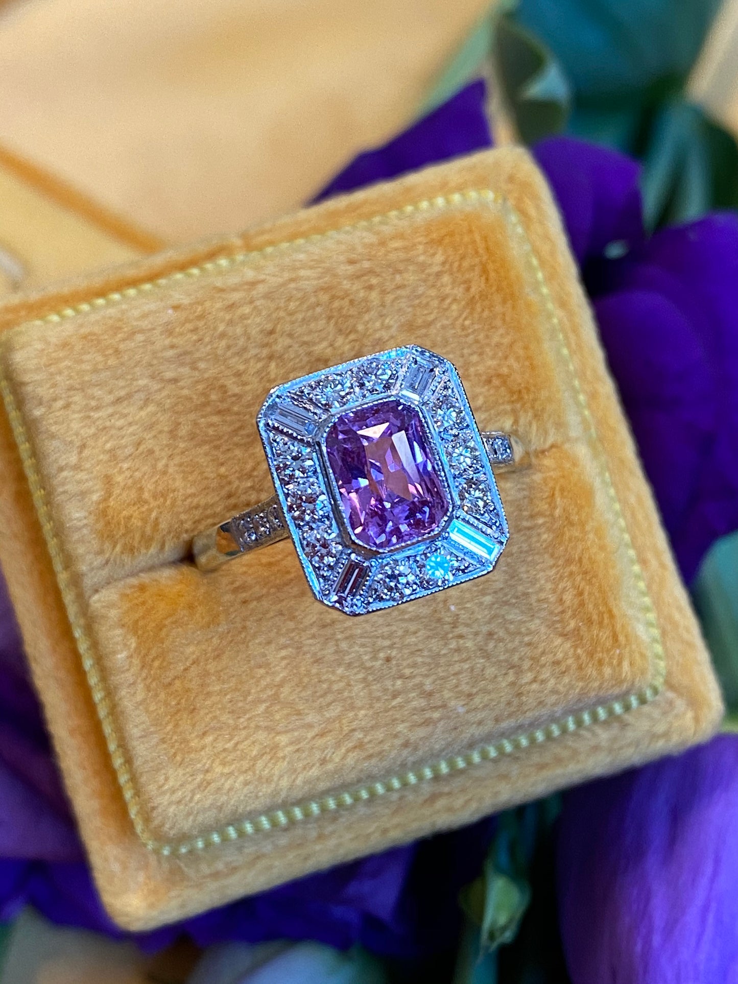 1.00 Carat Pink Sapphire and Diamond Art Deco Halo Engagement Ring in Platinum