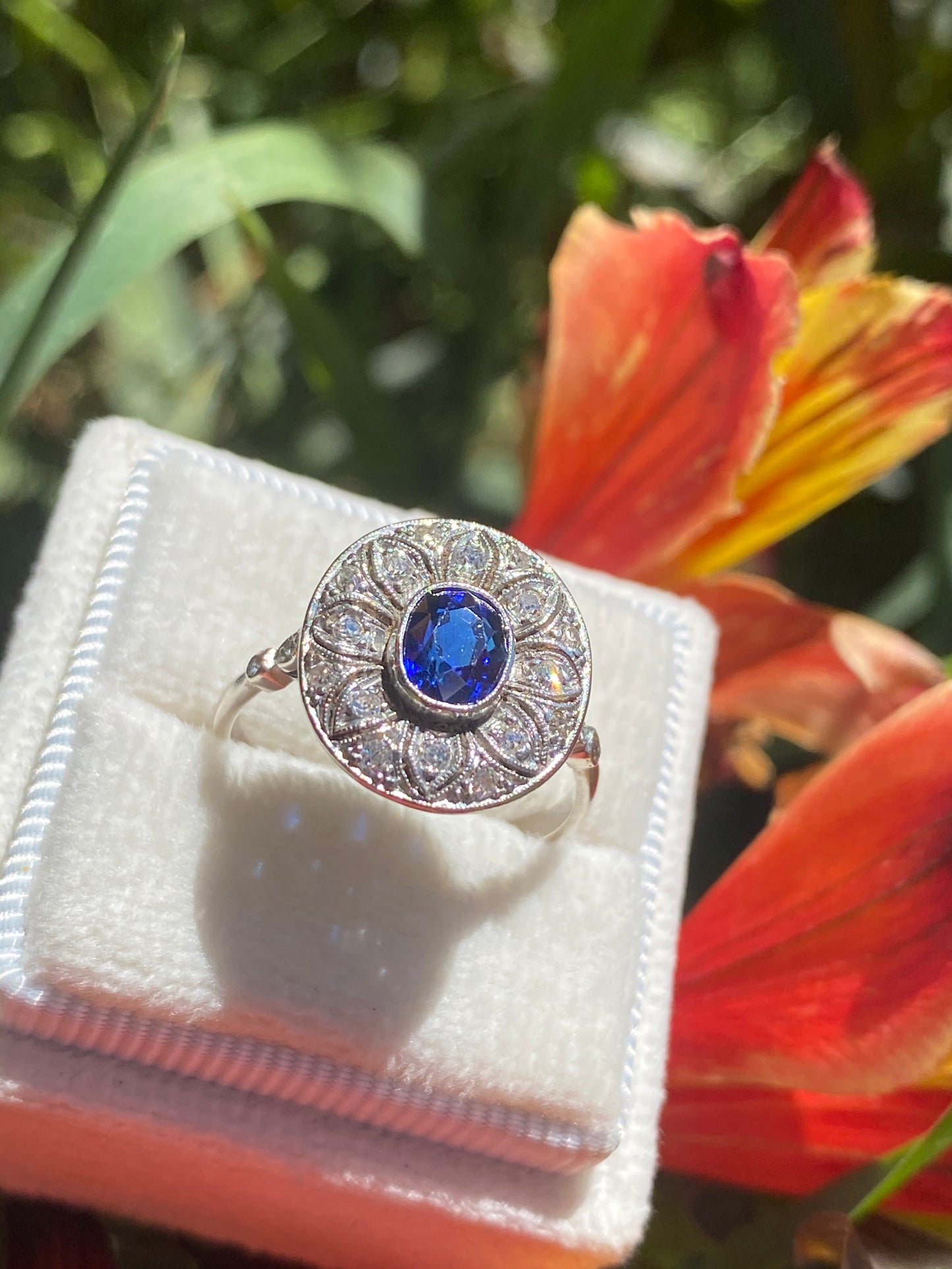 1.50 CTW Antique Art Deco Blue Ceylon Sapphire and Diamond Halo Engagement Ring in Platinum