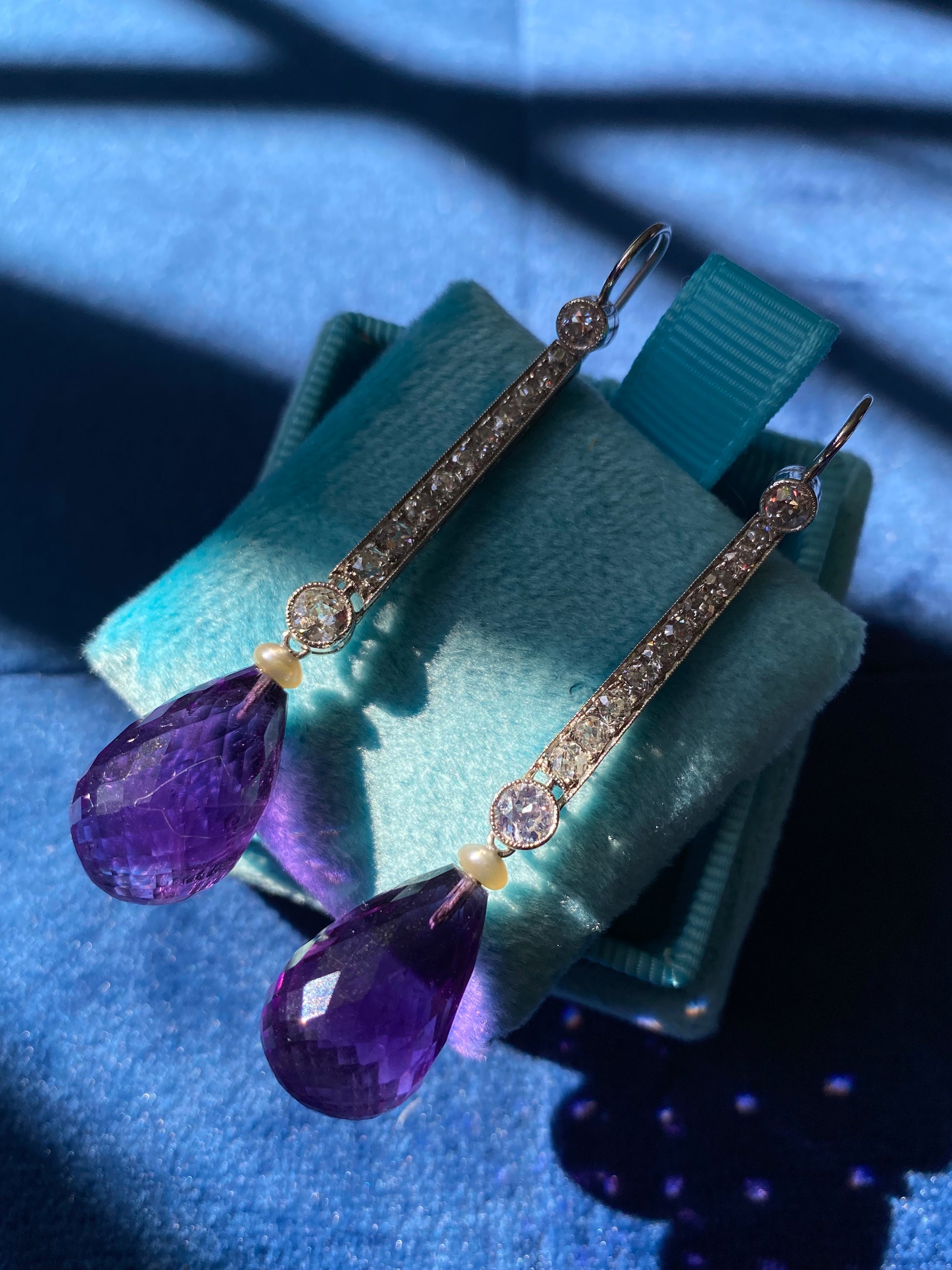 Antique Art Deco Briolette Cut Amethyst and Diamond Drop Earrings in Platinum  Katherine James Jewellery