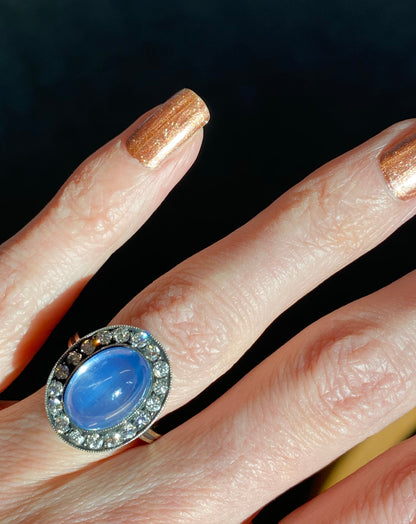 Antique No Heat Cabochon Blue Sapphire and Diamond Halo Ring 