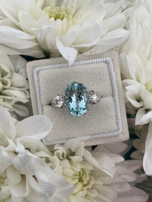 4 Carat Aquamarine and Diamond Three Stone Antique Edwardian Style Engagement Ring in Platinum 