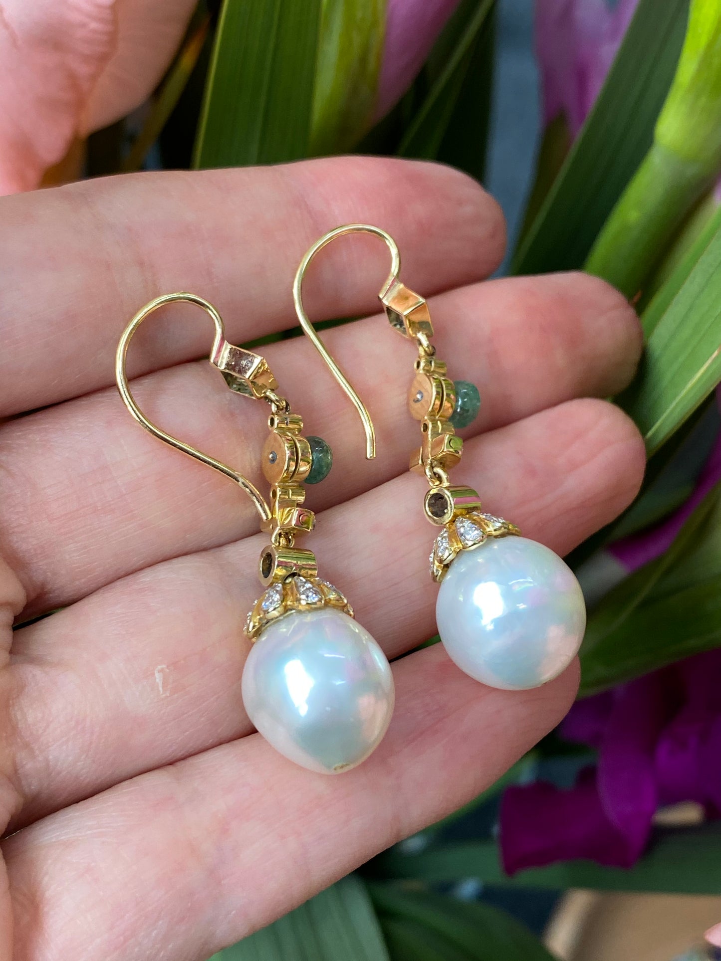 Diamond, Emerald and South Sea Pearl Drop Earrings in 18ct Yellow Gold