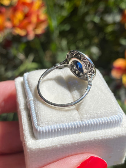 1.50 CTW Antique Art Deco Blue Ceylon Sapphire and Diamond Halo Engagement Ring in Platinum