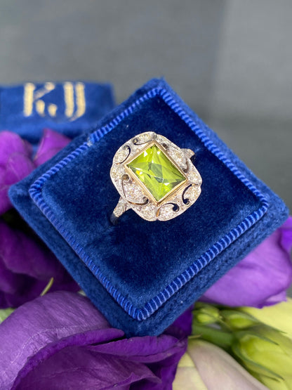 1.60 Carat Peridot and Diamond Art Deco Halo Ring in Platinum and 18ct Gold