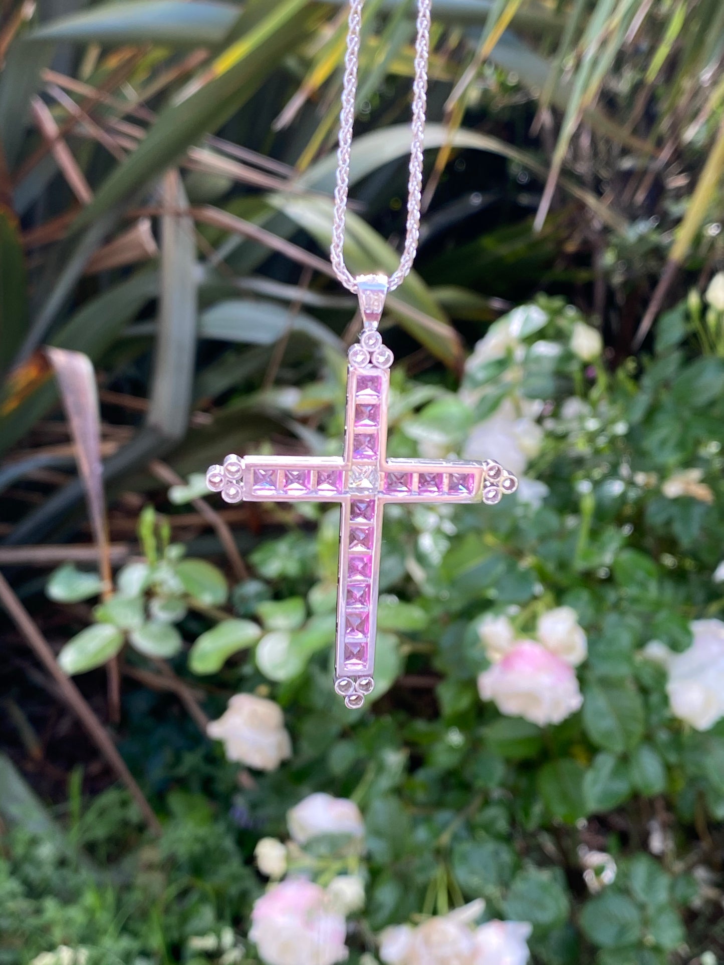 15.00 Carat Pink Sapphire and Diamond Cross Pendant Necklace in 18ct White Gold