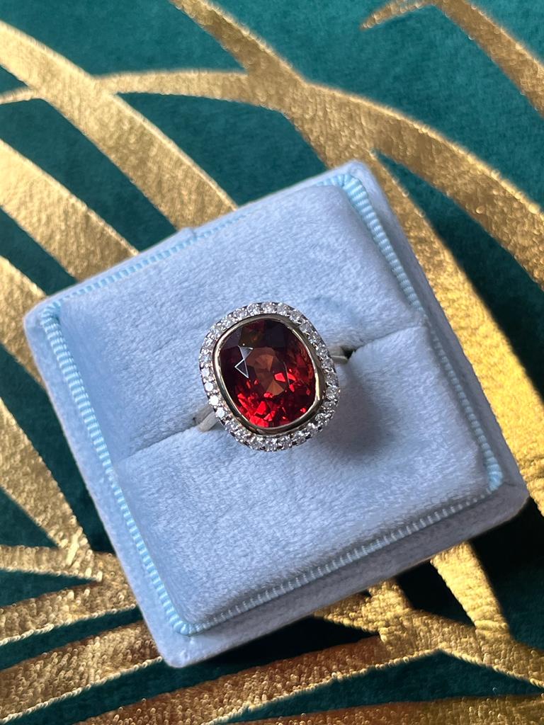 Spessartine Red Orange Garnet and Diamond Halo Ring 