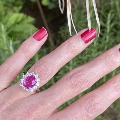 3.50 Carat Oval Pink Sapphire and Diamond Halo Vintage Engagement Ring 