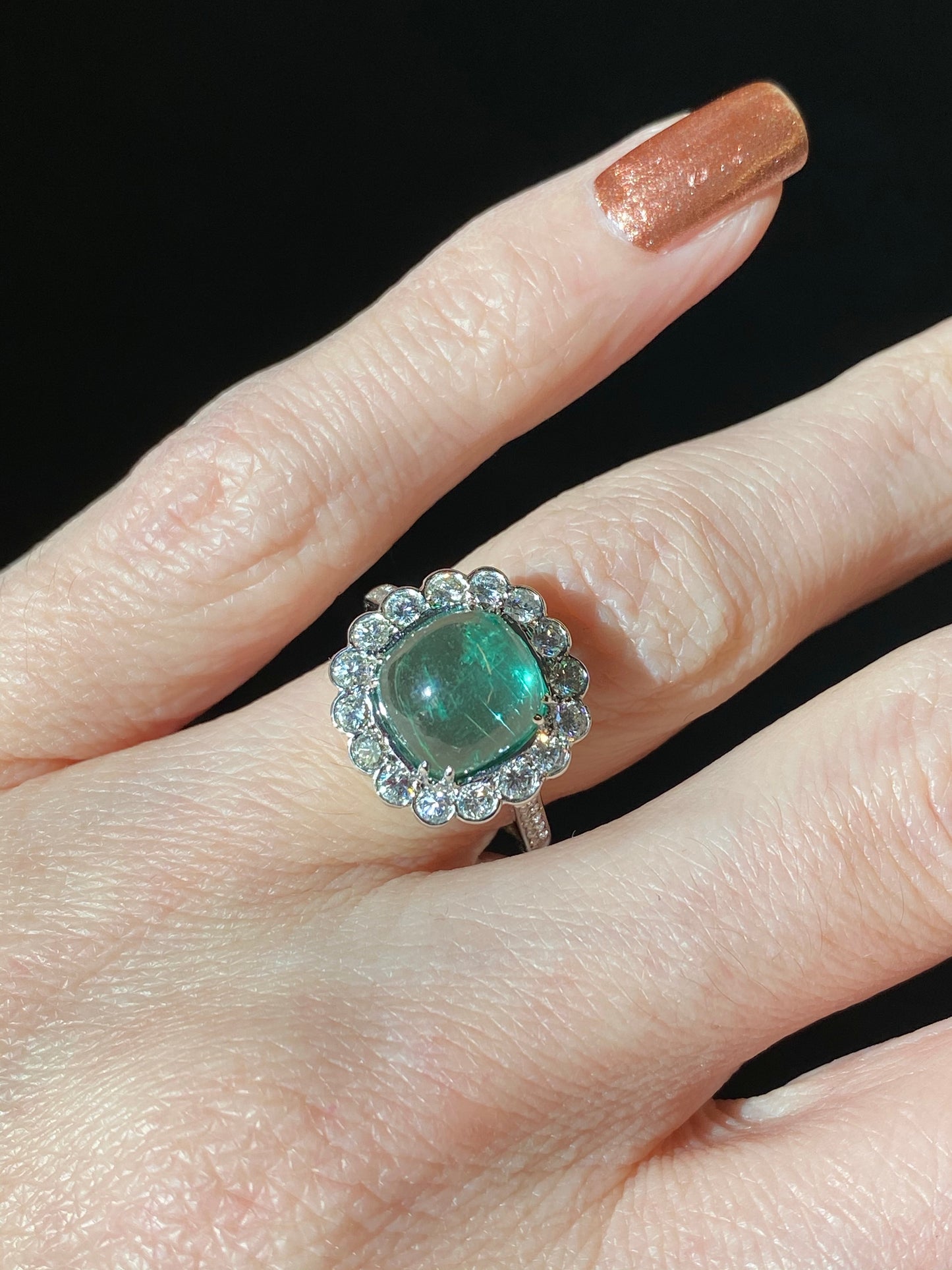 4.66 Carat Cabochon Colombian Emerald and Diamond Ring