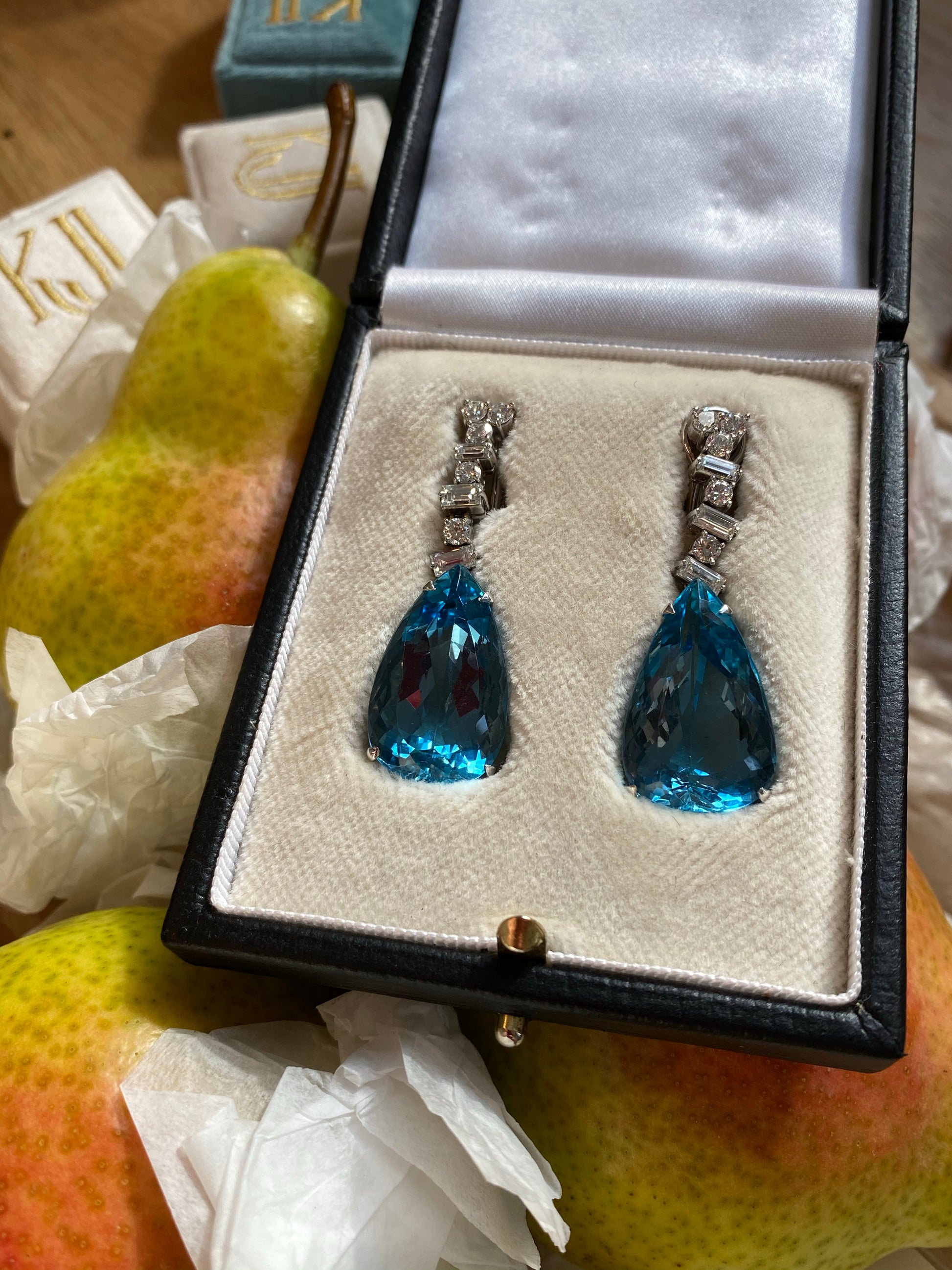 Pear Cut Aquamarine and Diamond Vintage Drop Earrings in White Gold