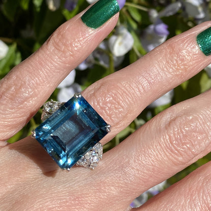 19.50 Carat Emerald Cut Aquamarine and Diamond Vintage Cocktail Ring 