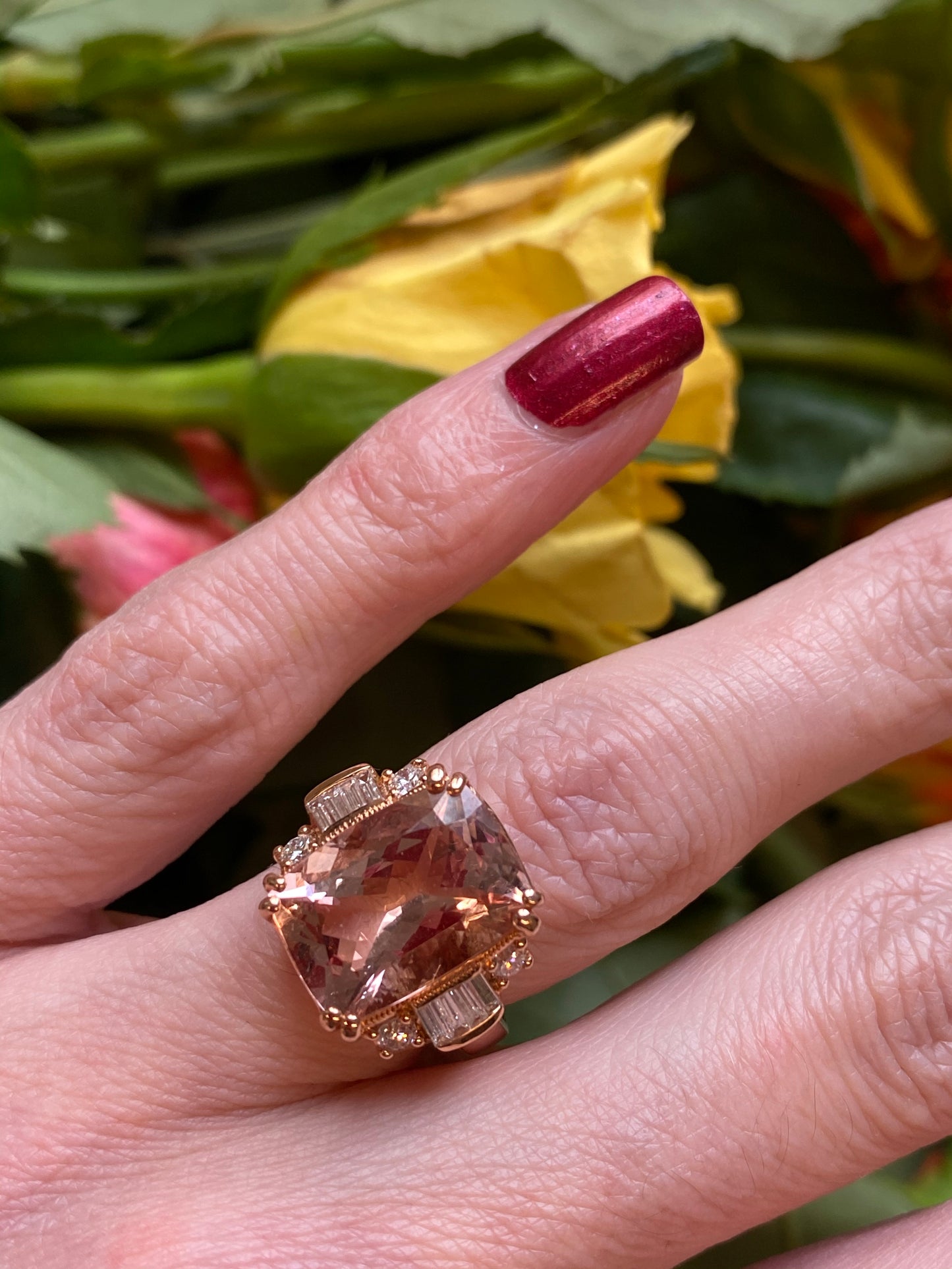 6 Carat Morganite and Diamond Cocktail Ring in 18K Rose Gold