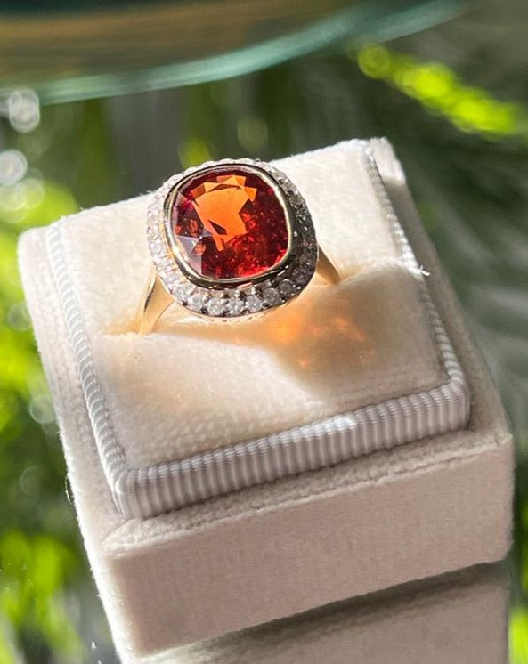 Spessartine Red Orange Garnet and Diamond Halo Ring 