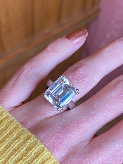 10.69 Carat Emerald Cut Double Claw Moissanite Engagement Cocktail Ring Katherine James Jewellery 