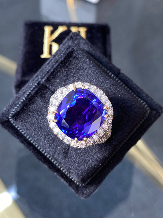 12.00 Carat Cushion-Cut Tanzanite and Diamond Ring in Platinum