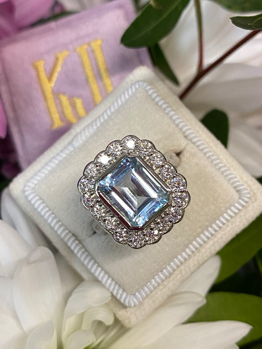 Emerald cut Blue Topaz and Moissanite Halo Cocktail Engagement Ring in Sterling Silver under 1000 Katherine James Jewellery  