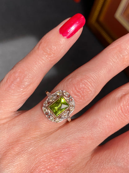 1.60 Carat Peridot and Diamond Art Deco Halo Ring in Platinum and 18ct Gold