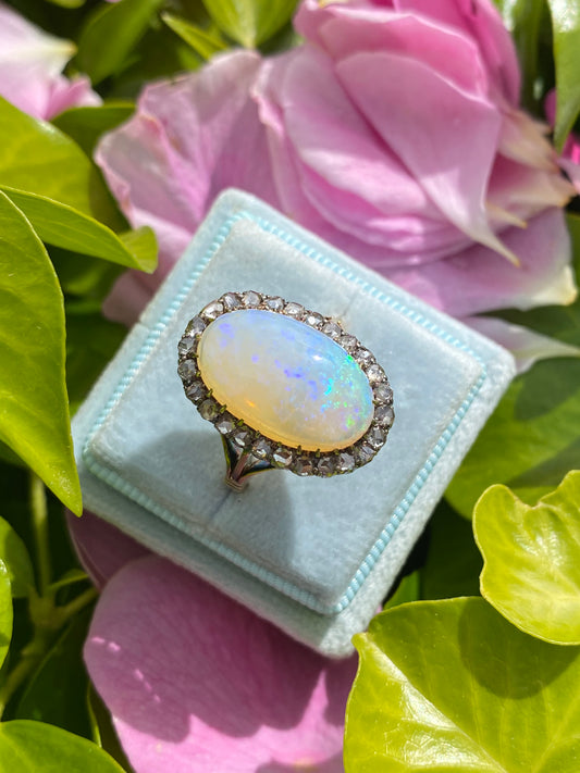 Antique Victorian White Opal and Old Euro Cut Diamond halo cocktail ring in Gold 