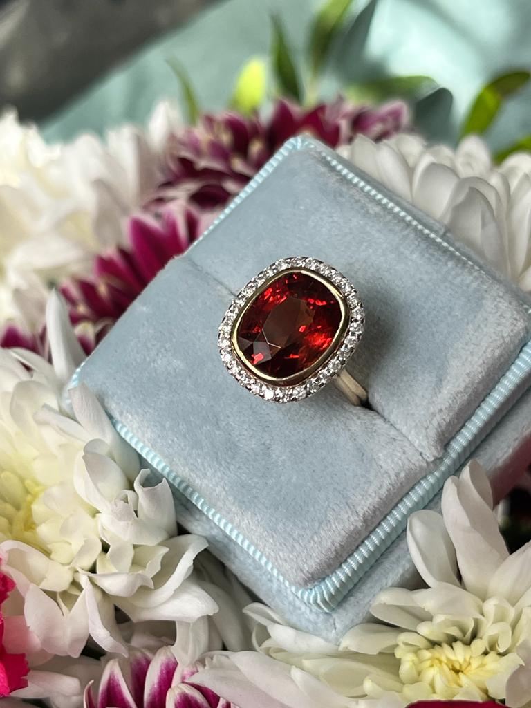 Spessartine Red Orange Garnet and Diamond Halo Ring 