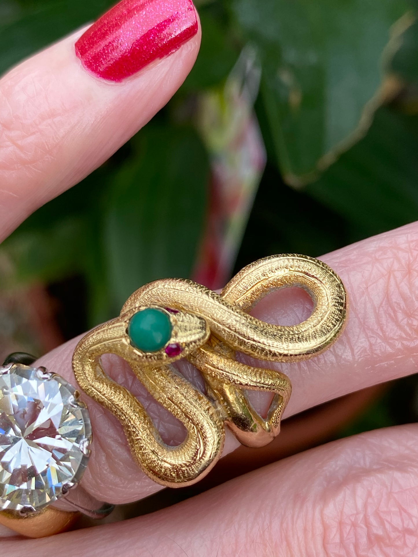 Antique Turquoise and Ruby Snake Serpent Ring in Yellow Gold 