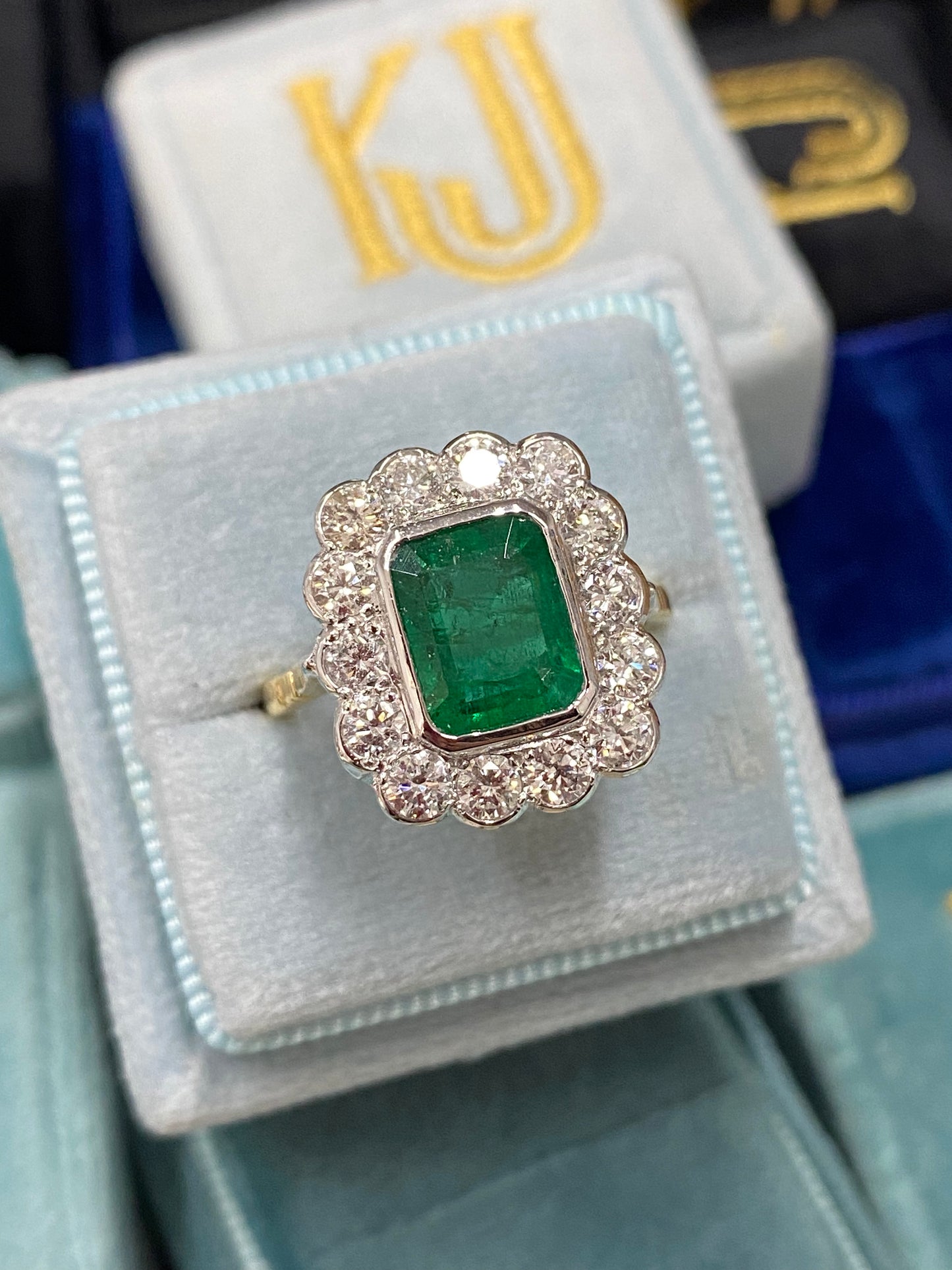 2.40 Carat Emerald and Diamond Halo Ring in 18ct White and Yellow Gold