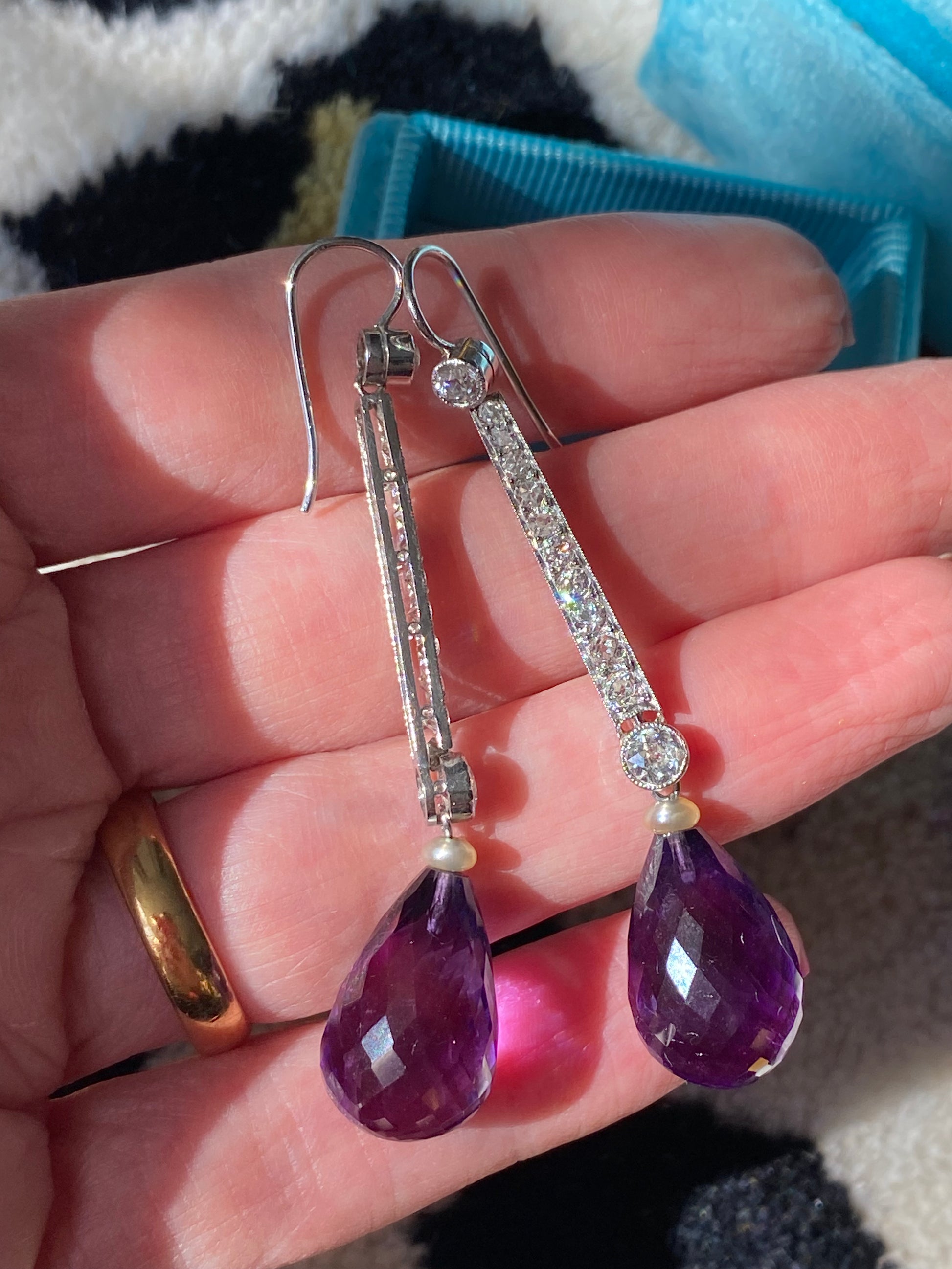 Antique Art Deco Briolette Cut Amethyst and Diamond Drop Earrings in Platinum Katherine James Jewellery