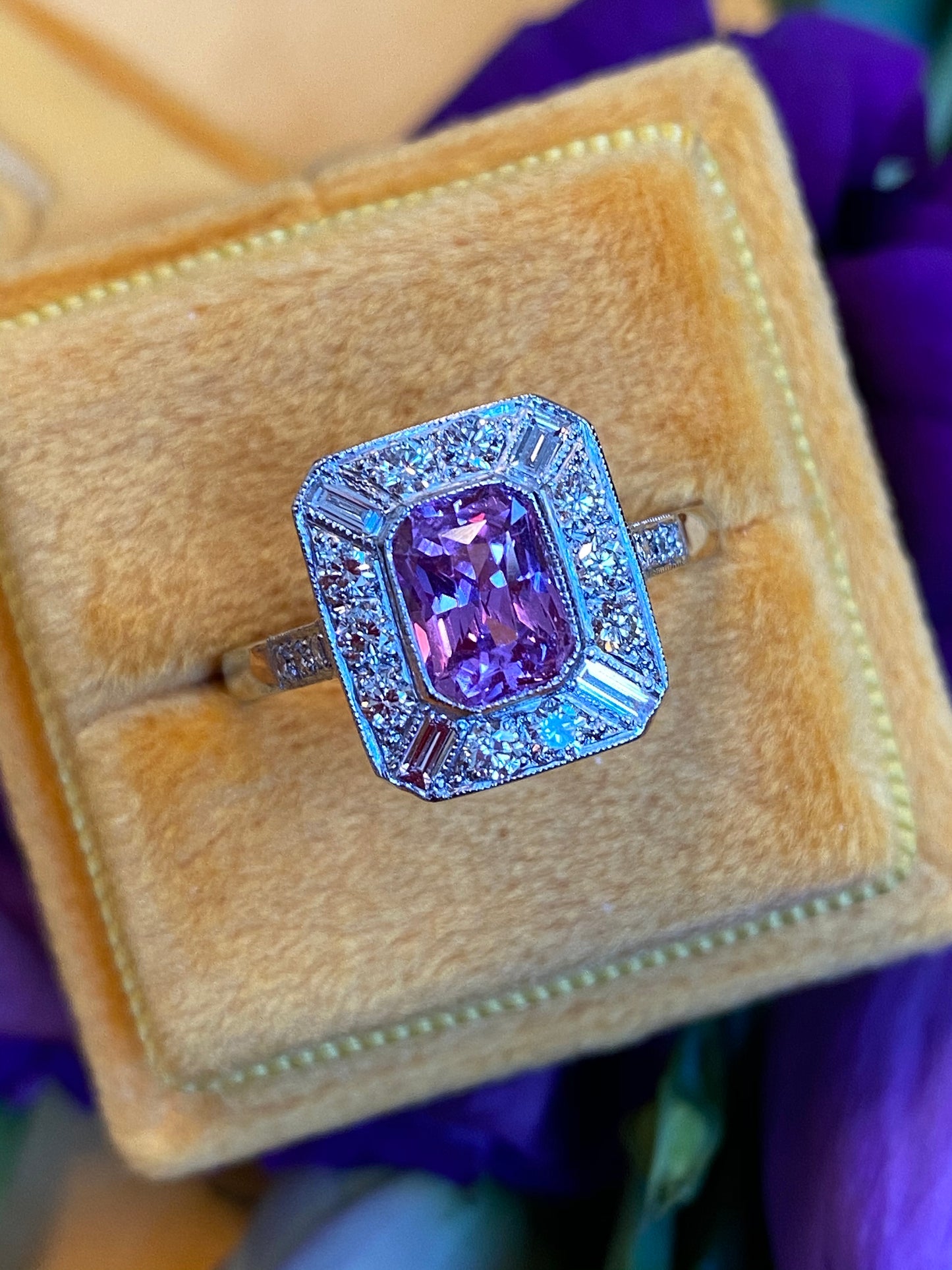 1 Carat Pink Sapphire and Diamond Halo Art Deco Engagement Ring in Platinum 