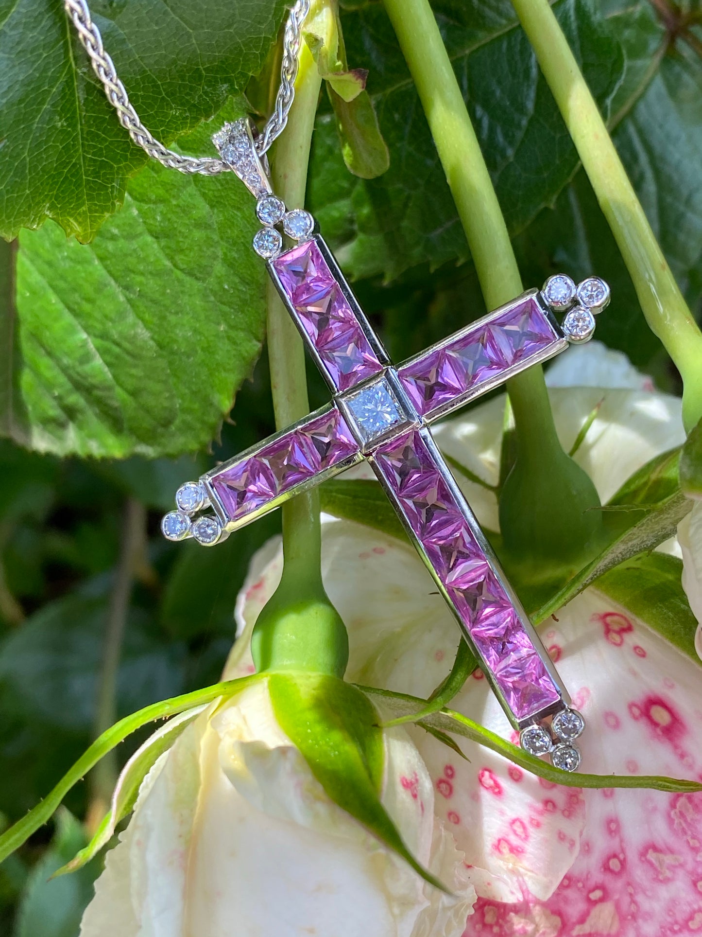 15.00 Carat Pink Sapphire and Diamond Cross Pendant Necklace in 18ct White Gold