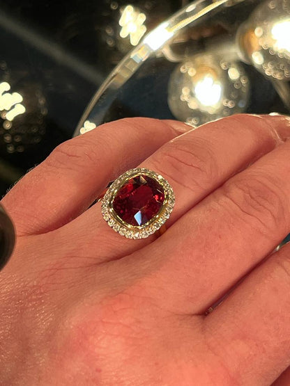 Spessartine Red Orange Garnet and Diamond Halo Ring 