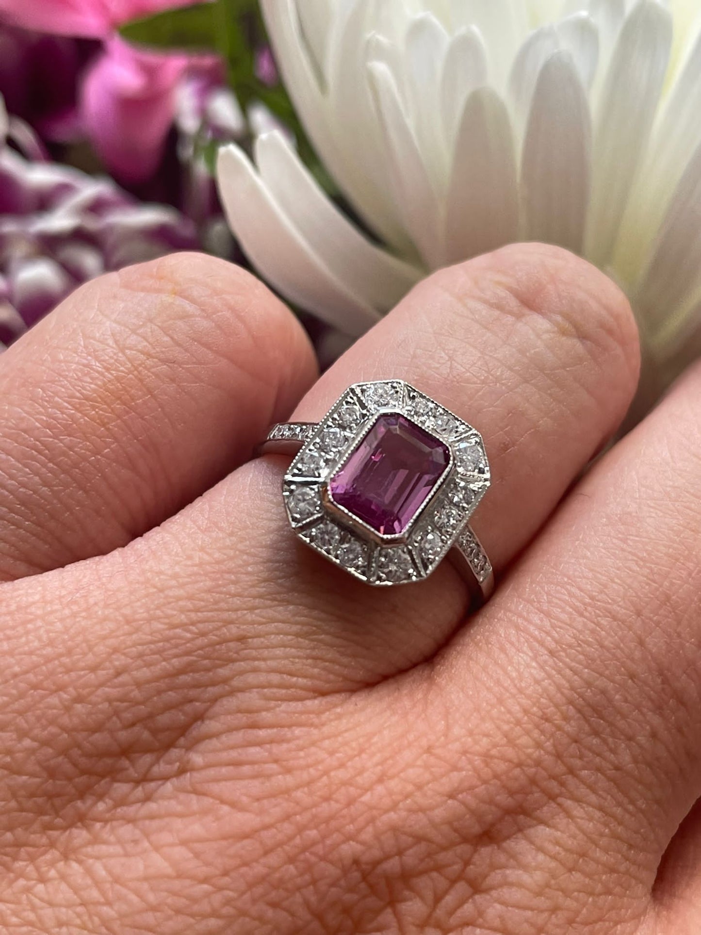 Emerald Cut Pink Sapphire and Diamond Halo Art Deco Engagement Ring in Platinum 