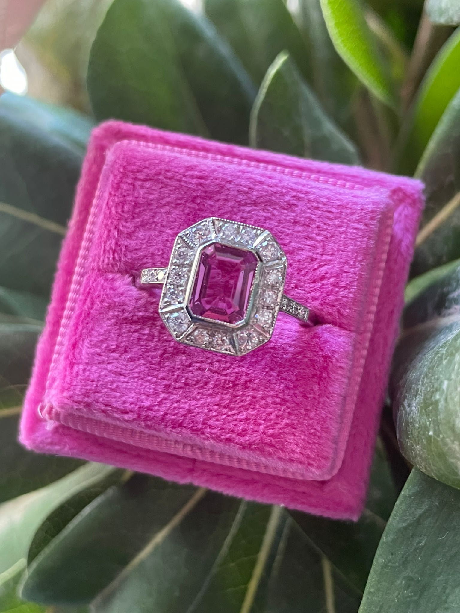 Emerald Cut Pink Sapphire and Diamond Halo Art Deco Engagement Ring in Platinum 