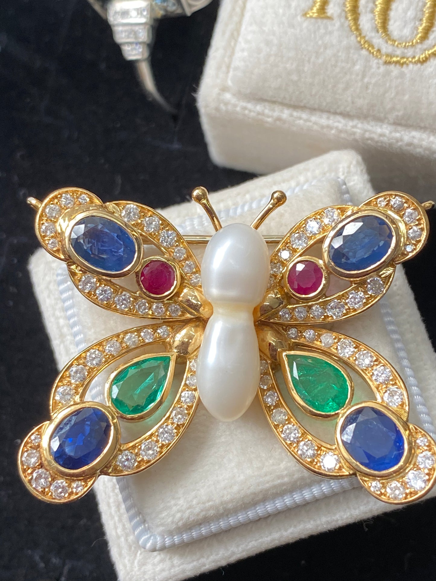 Baroque Pearl, Diamond, Emerald, Blue Sapphire and Ruby Butterfly Brooch in 18ct Yellow Gold