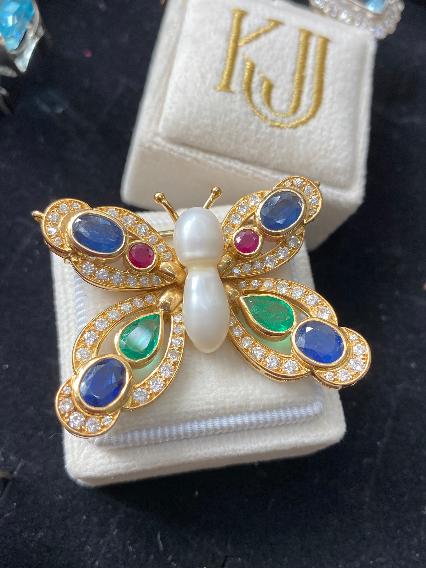 Baroque Pearl, Diamond, Emerald, Blue Sapphire and Ruby Butterfly Brooch in 18ct Yellow Gold