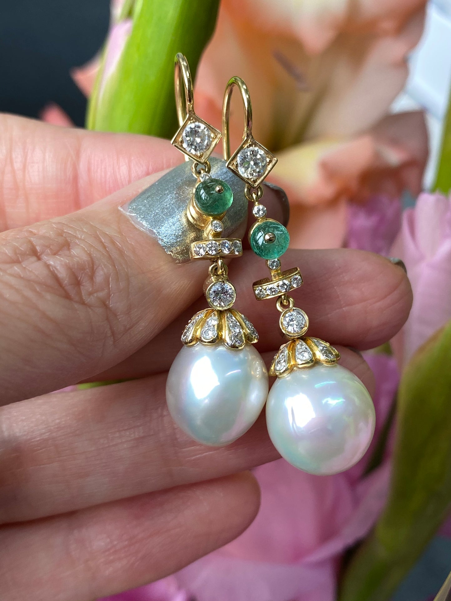 Diamond, Emerald and South Sea Pearl Drop Earrings in 18ct Yellow Gold