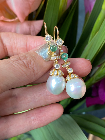 Diamond, Emerald and South Sea Pearl Drop Earrings in 18ct Yellow Gold