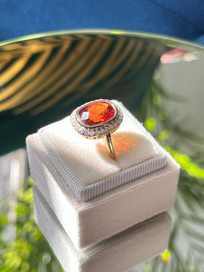 7.00 Carat Spessartine Garnet and Diamond Halo Ring in 18ct Yellow Gold