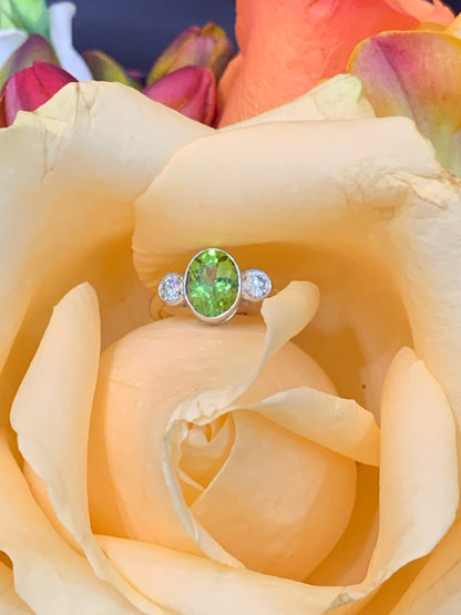 1.85 Carat Peridot and Diamond Three Stone Ring in 18ct Gold