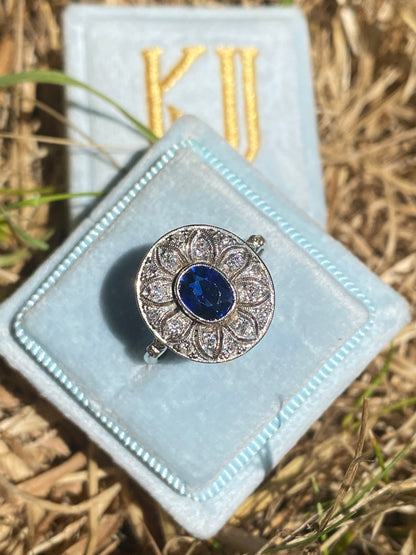 1.50 CTW Antique Art Deco Blue Ceylon Sapphire and Diamond Halo Engagement Ring in Platinum