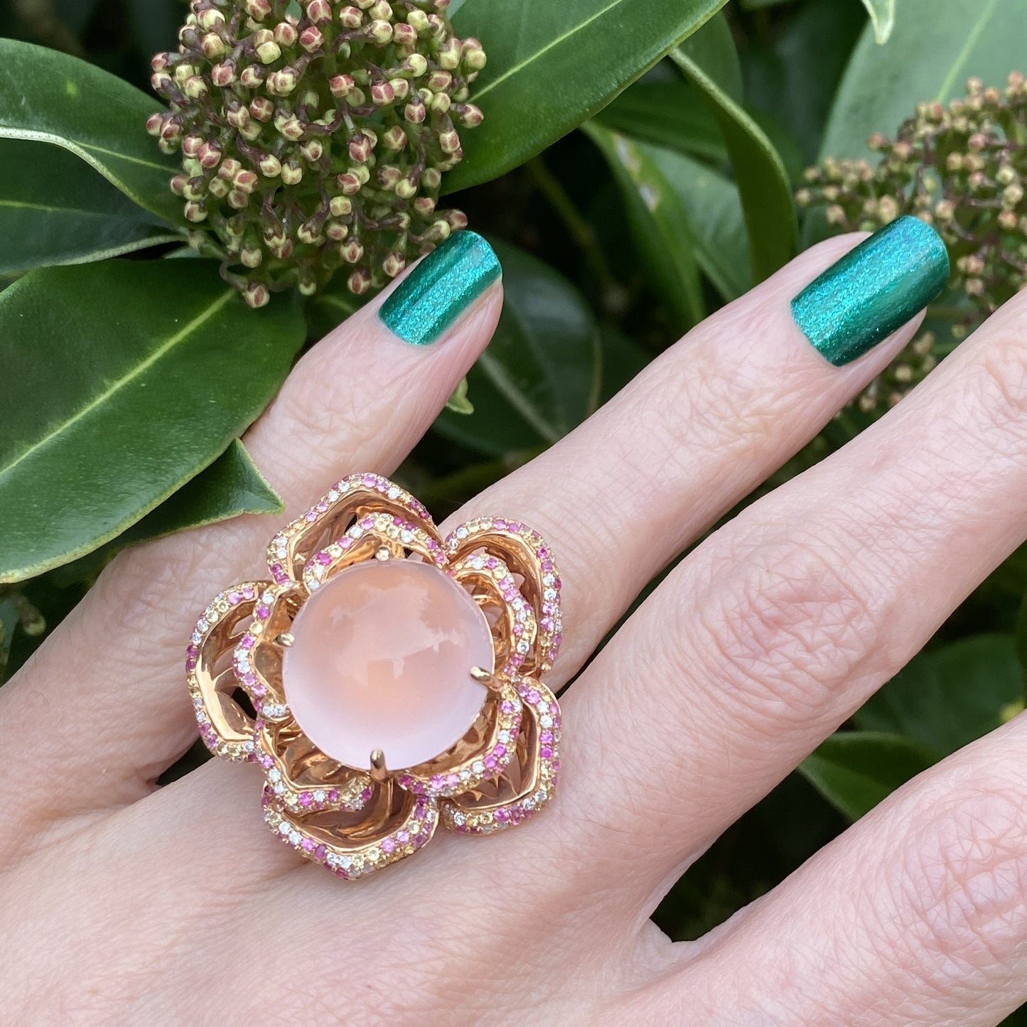 Rose Quartz Flower Ring with Pink and Yellow Sapphires and Diamonds in Rose Gold 