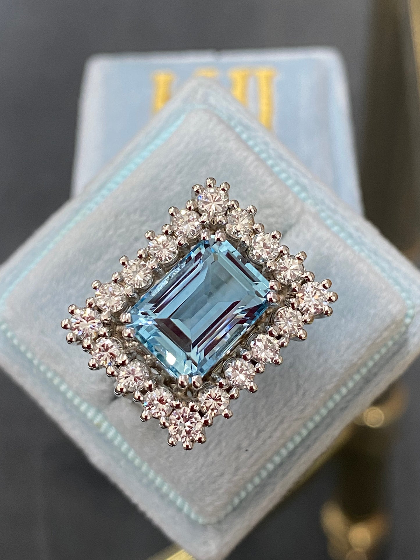 6.44 CTW East West Emerald Cut Aquamarine and Diamond Halo Cocktail Ring in Platinum