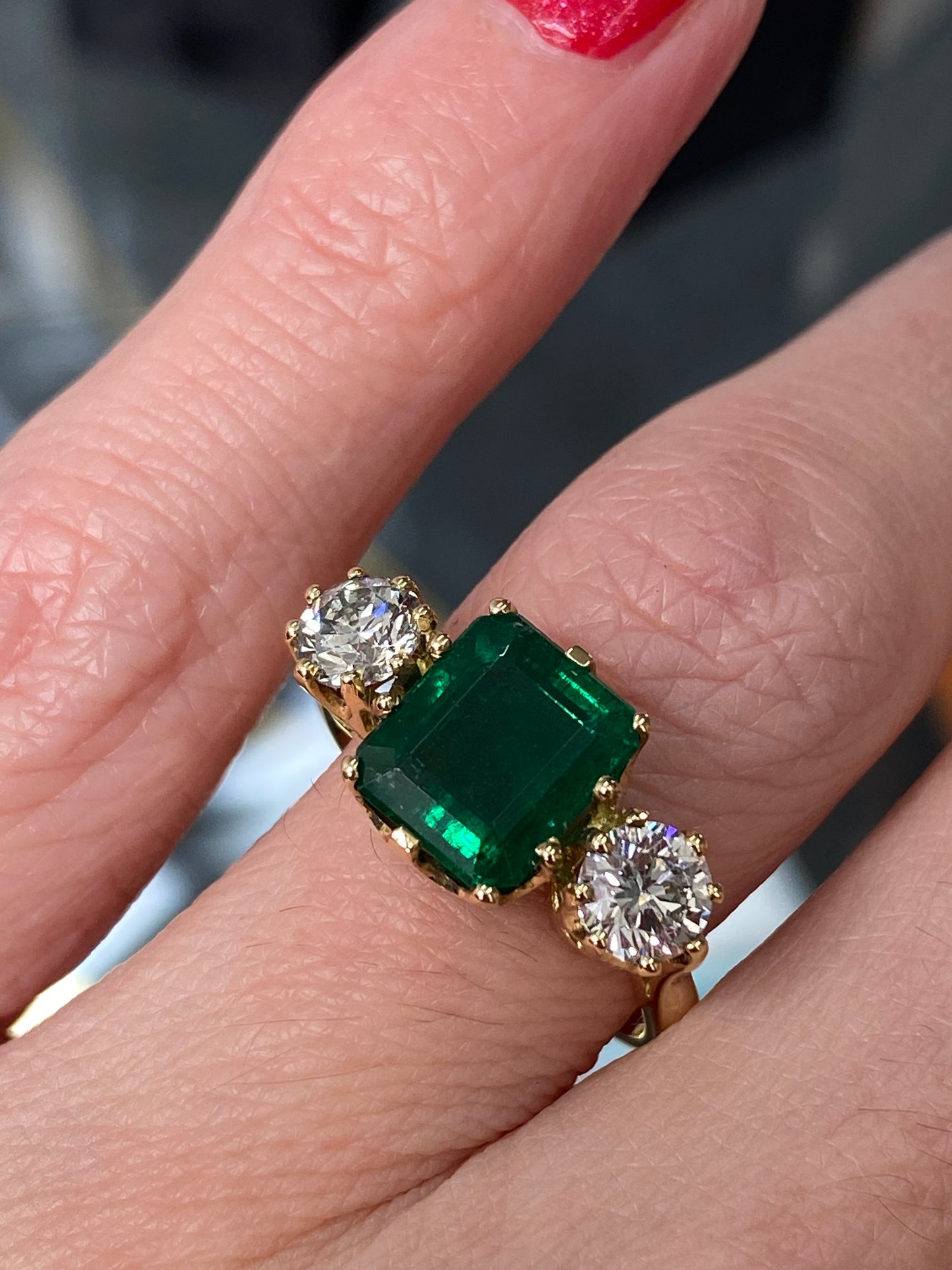 4.00 CTW Emerald and Diamond Three Stone Engagement Ring in 18ct Yellow Gold