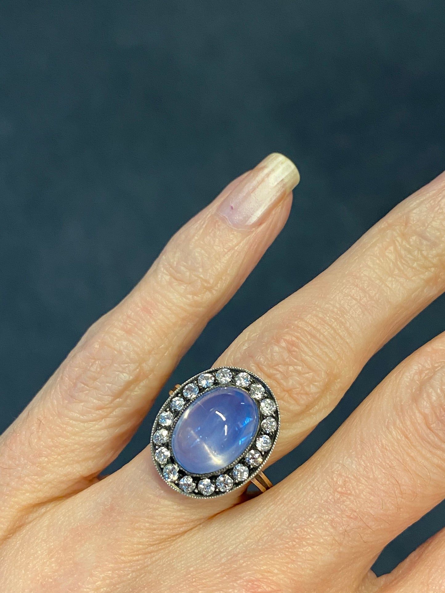 9.00 Carat Antique Blue Ceylon No Heat Cabochon Sapphire and Diamond Ring in 18ct Yellow Gold and Silver