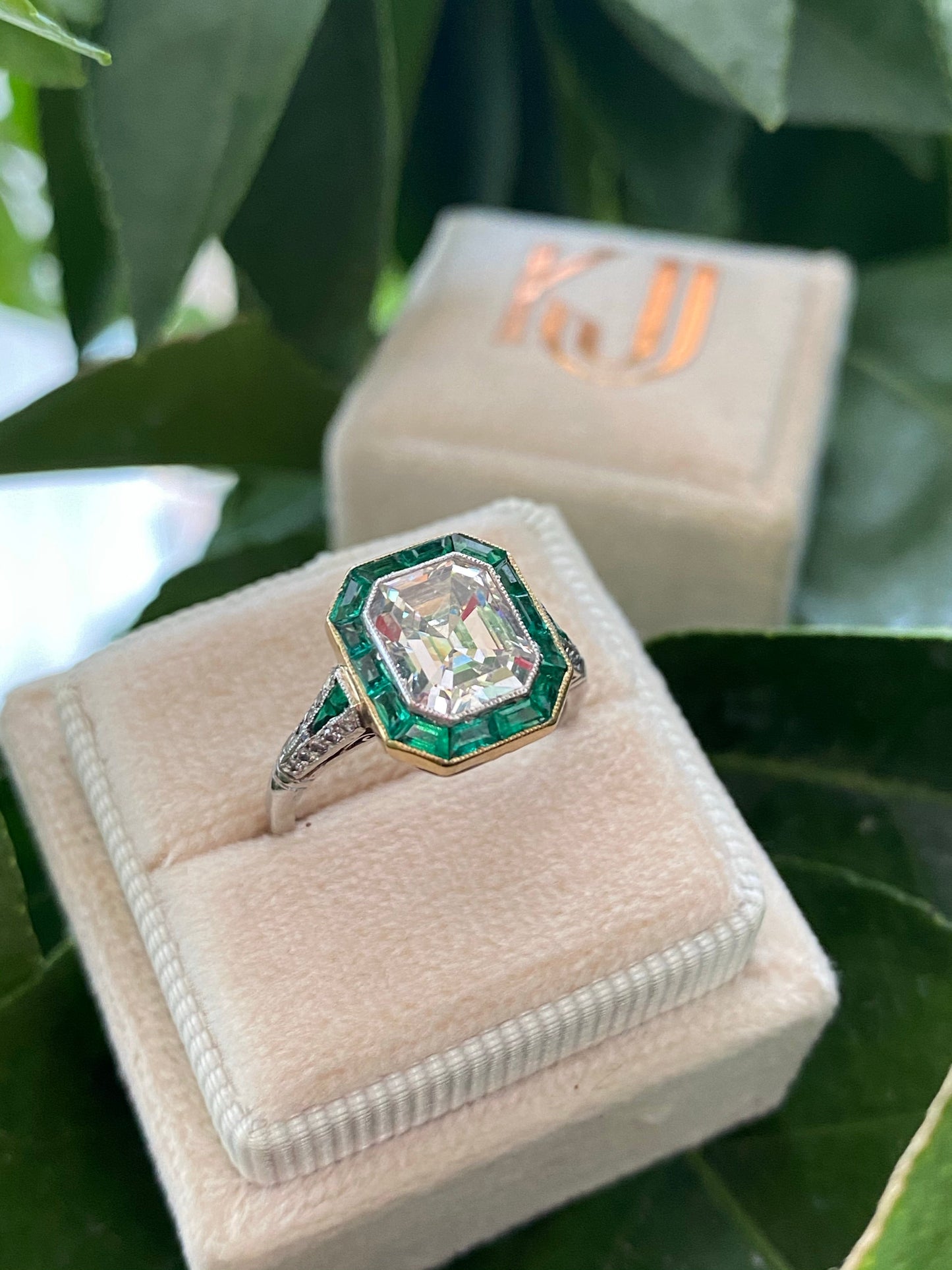 2.30 Carat Emerald Cut Diamond and Emerald Art Deco Halo Ring 