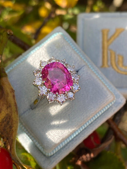 3.50 Carat Oval Pink Sapphire and Diamond Halo Vintage Engagement Ring 