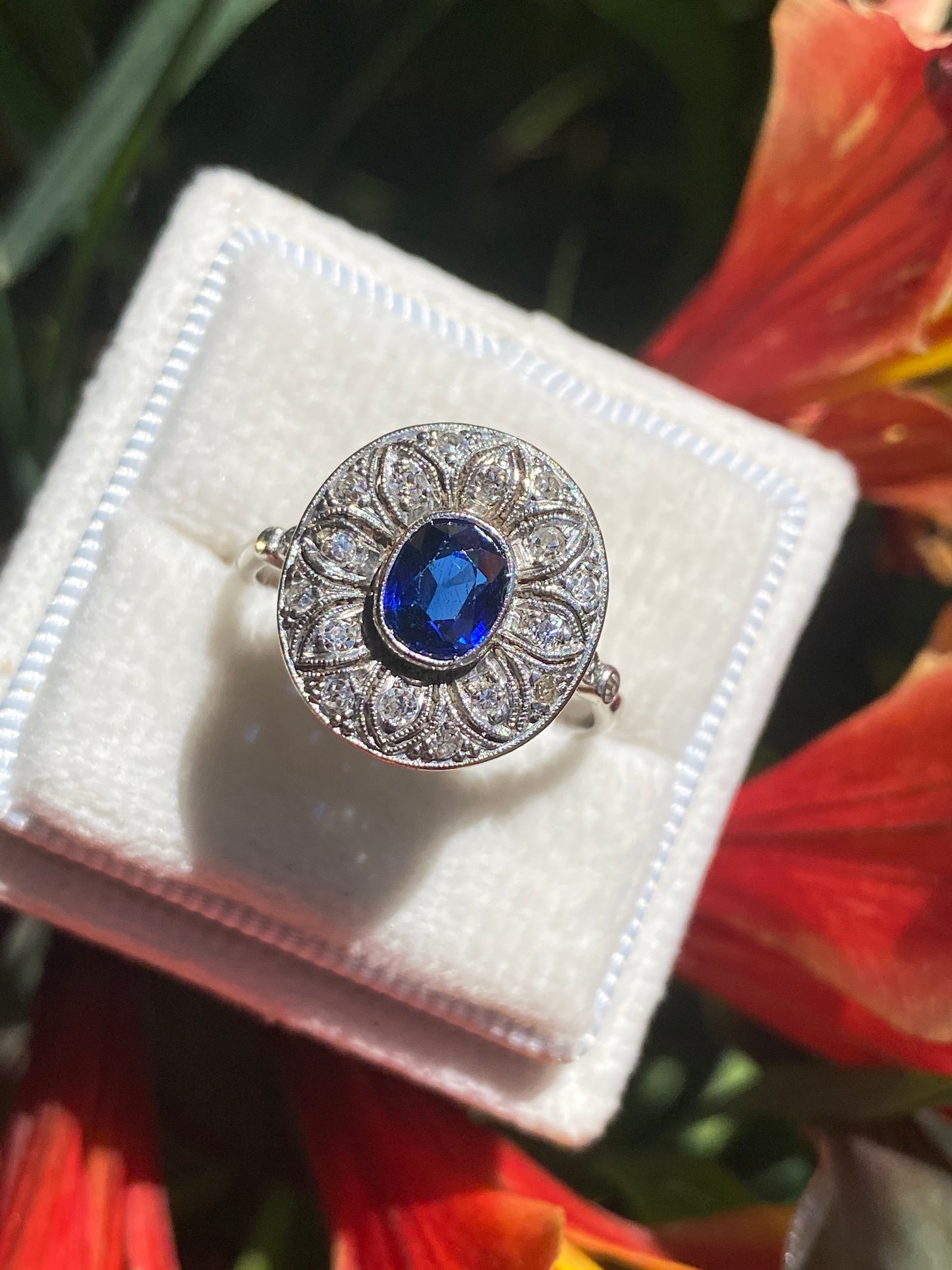 1.50 CTW Antique Art Deco Blue Ceylon Sapphire and Diamond Halo Engagement Ring in Platinum