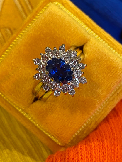 3 Carat Oval Blue Sapphire and Diamond Vintage Halo Engagement Ring 