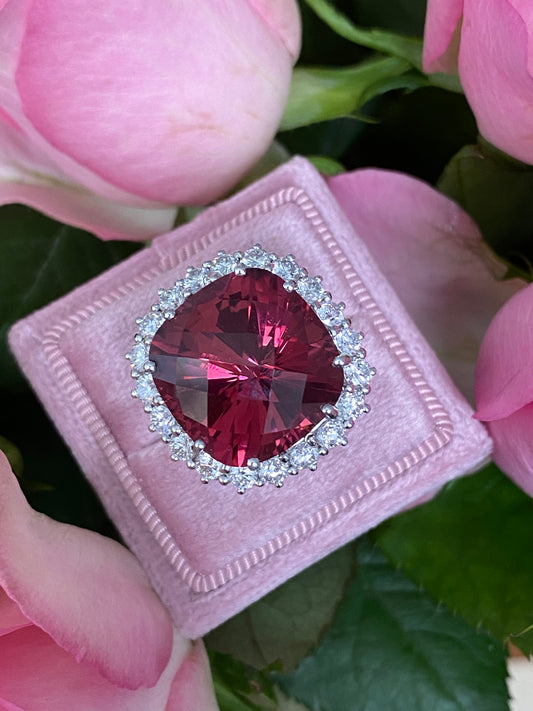 Huge 17 Carat Rubellite Pink Tourmaline and Diamond Cocktail Ring in White and Yellow Gold  Katherine James Jewellery  