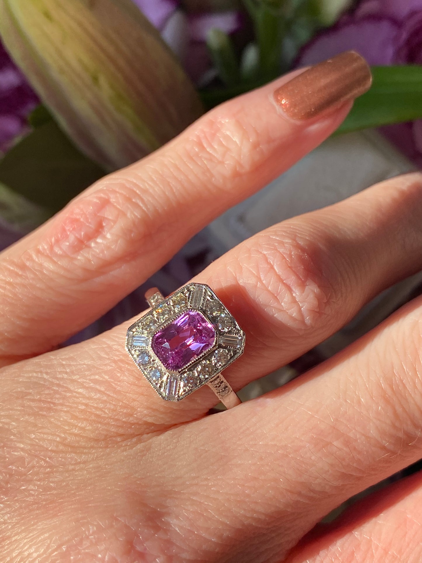 1 Carat Emerald Cut Pink Sapphire and Diamond Art Deco Engagement Ring in Platinum Katherine James Jewellery 