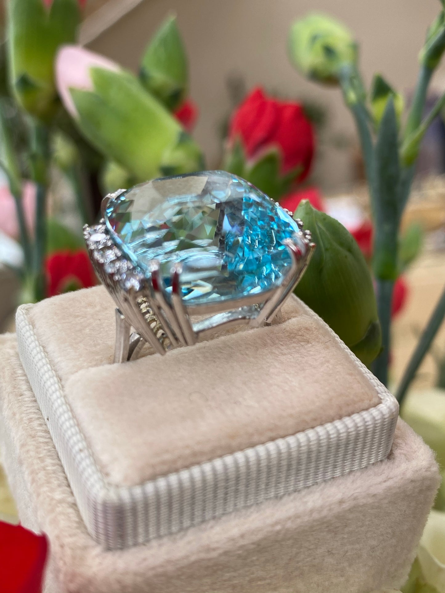 27.76 Carat Fancy Cut Cushion Aquamarine and Diamond Cocktail Ring in Platinum 