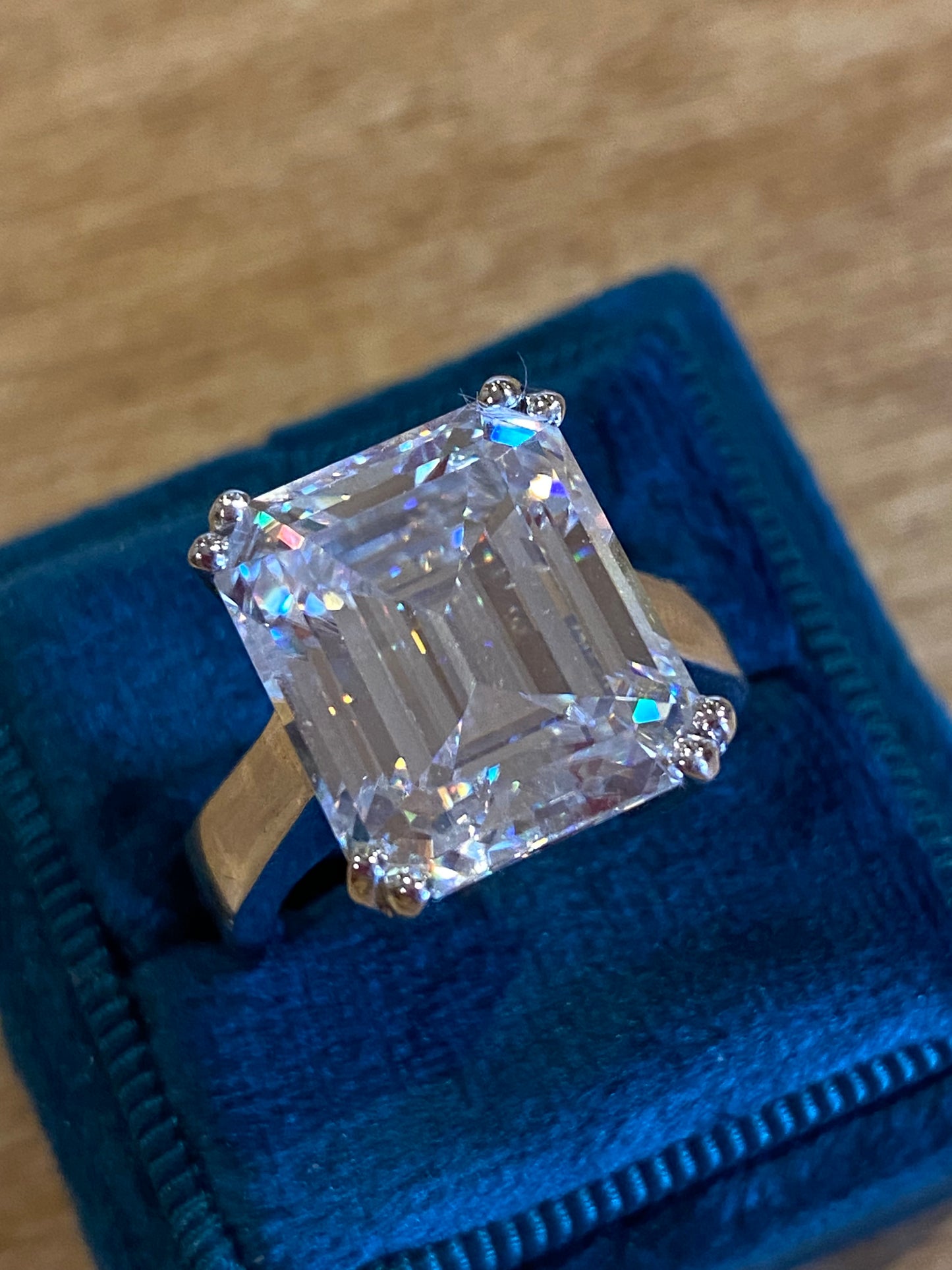 10.69 Carat Emerald Cut Double Claw Moissanite Engagement Cocktail Ring Katherine James Jewellery 